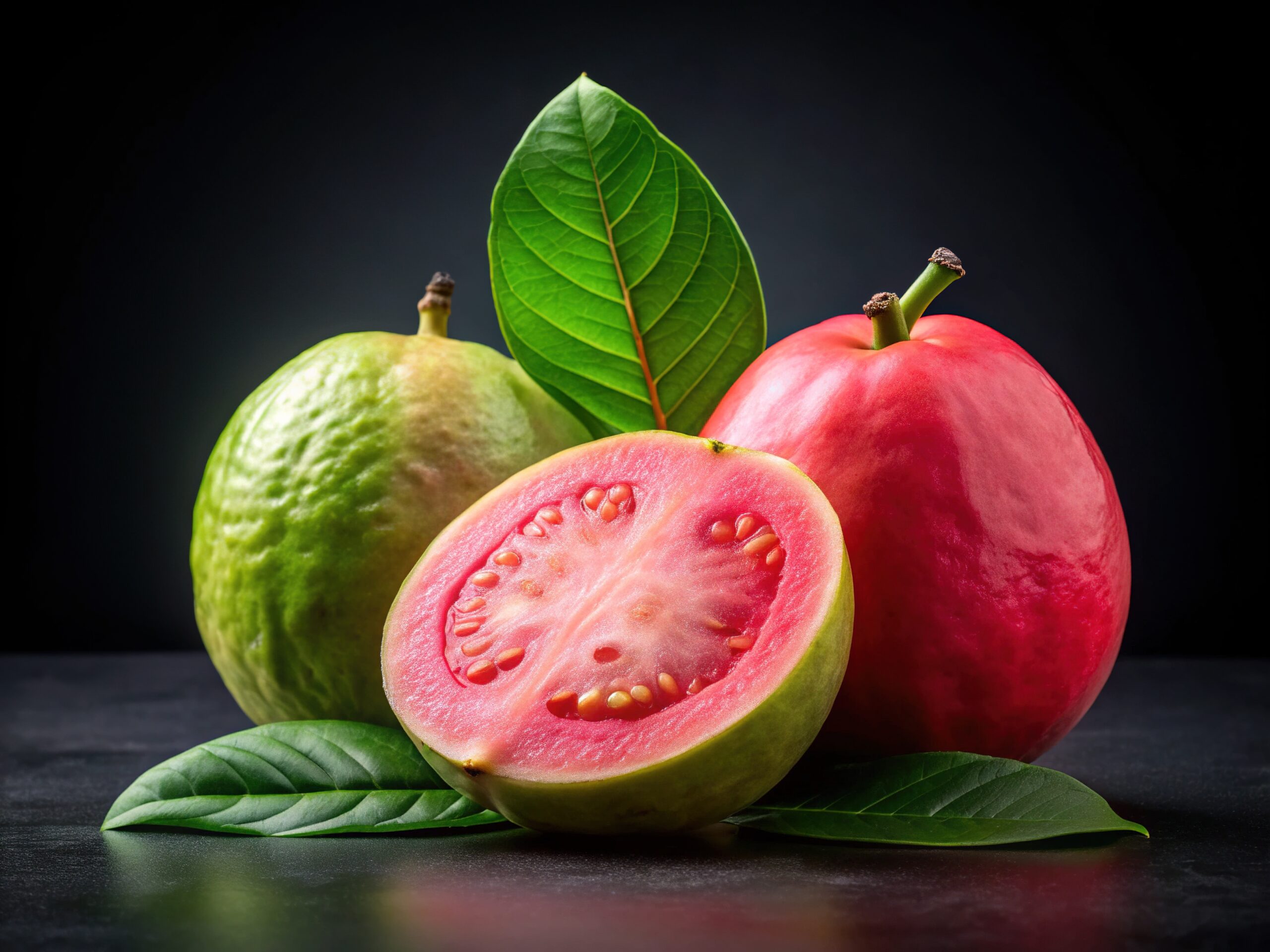 Vibrant pink guava fruit, ripe and ready to eat, stands out against a sleek black background, showcasing its smooth skin and bursting with tropical freshness.